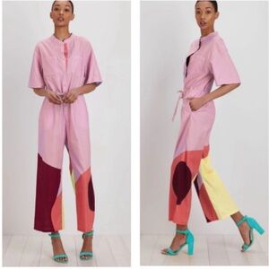 The Kit Issa Pink Dahlia Color Block Wide Leg Jumpsuit Cotton Boiler Suit